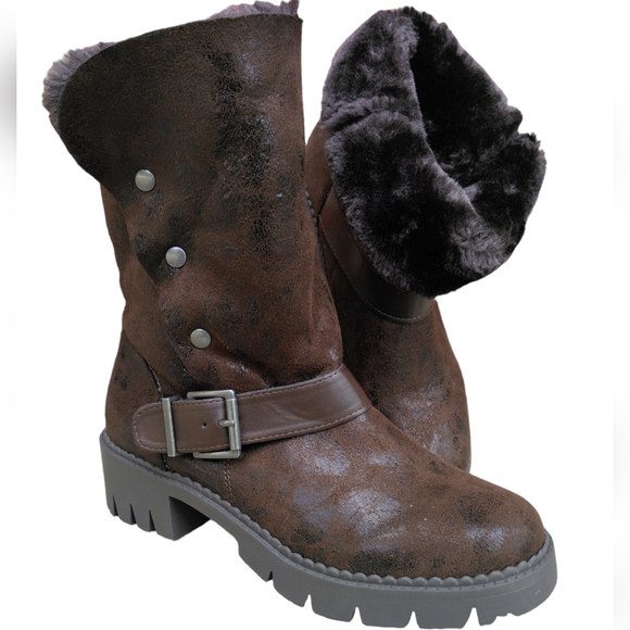 LFL By Lust For Life 7.5 Brown Faux Fur Buckle Snap Chunky Metallic Brown Boots - Picture 1 of 16